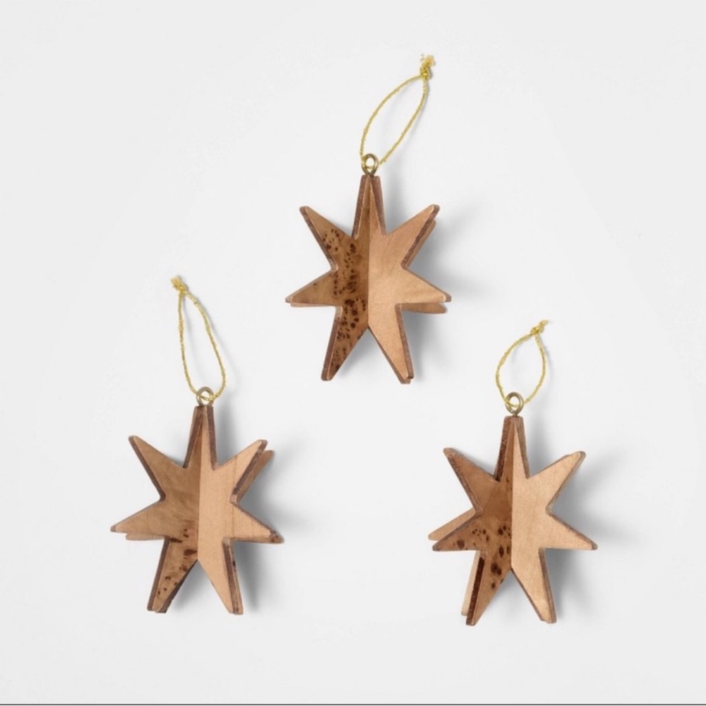 New! Studio McGee Set of 3 Burl Wood Star Christmas Ornaments, Holiday 2025